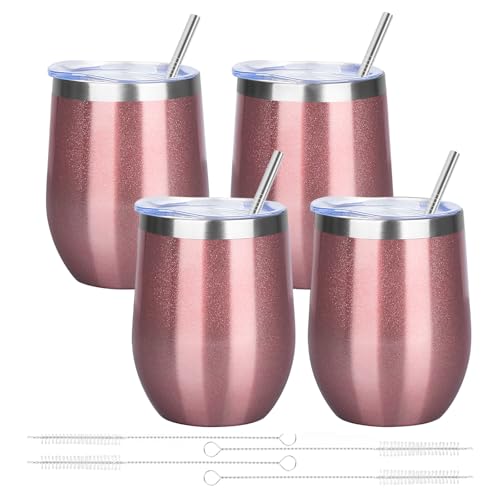 12oz 4 Pack Wine Tumbler Glasses with Lid Stemless Double Wall Vacuum Stainless Steel Travel Tumbler Keeping Cold & Hot for Wine