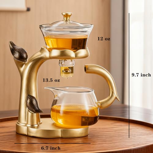 Lazy Kungfu Glass Tea Set Heat Resistant Semi Automatic Drip Rotating with Infuser Magnetic Teapot Set for Gongfu Tea Making Ideal