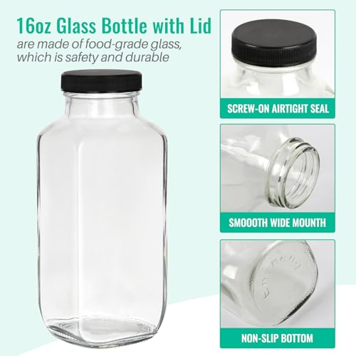 16 oz Glass Juice Bottles with Lids 12 Pack (12 Count)
