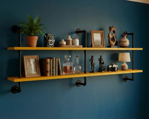 Industrial Pipe Shelving Rustic Floating Bookshelf for Living Room 60 Inch Wall Mounted Bookshelf Pipe Shelves with Wood Planks Industrial Floating Shelves Farmhouse Kitchen Shelving