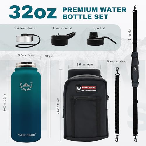 32 oz Insulated Water Bottle with Carrier Bag & 3 Lids