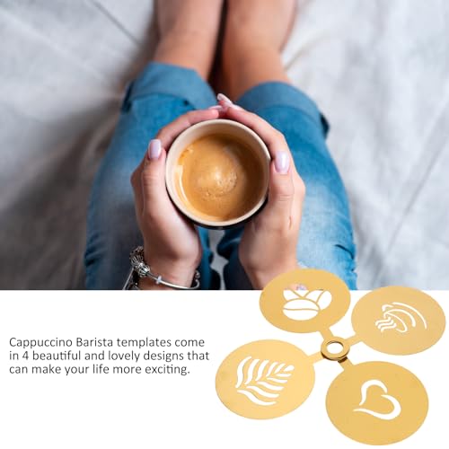 4pcs Golden Practical Latte Stainless Steel Reusable Stencils Mould Sugar DIY Baking Art Gold Decorating Cake Milk Cappuccino Templates Painting Tool Sieve Pattern Coffee Store (4 Count)