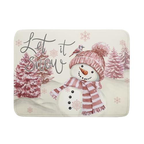 Pink Snowman Dish Drying Mat Xmas Trees Bird Winter Snowy Scene Dish Drainer Mats 18"x24" Microfiber Reversible Dish Drying Rack Pad Protector for Kitchen Countertop Decor