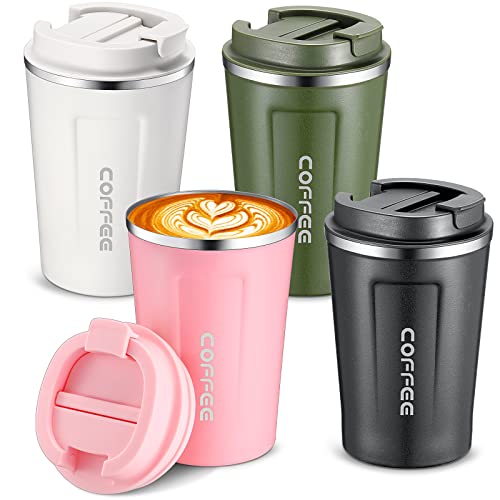 4 Pcs 13 oz Travel Coffee Mug Insulated Reusable Coffee Cups with Leakproof Lid Stainless Steel Portable Tumbler for Keep Hot or Ice Milk Tea (4 Count)