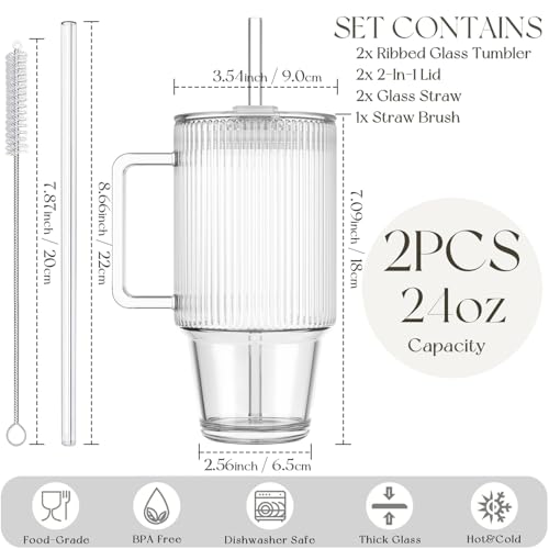 24oz Ribbed Glass Cups with Lid & Straws