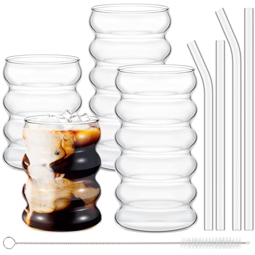 4 Pcs Creative Glass Cups Vintage Drinking Glasses Ribbed Glassware Aesthetic Cup Entertainment Dinnerware Glassware with Straws Set for Kitchen Coffee Beverage (4 Count)