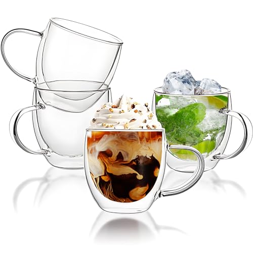 Set of 4 Double Walled Glass Coffee Mugs 6 Ounces Insulated Layer Coffee Cups with Handle Borosilicate Glass Espresso Cup for Hot Beverage (4 Count)