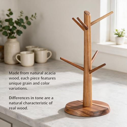 Acacia Wood Coffee Mug Tree Holder Countertop with 6 Hooks