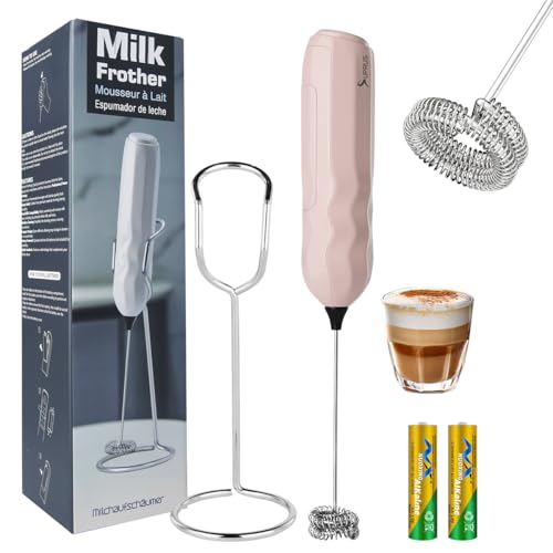 Ultra Fast Handheld Milk Frother Double Whisk with Stand 2 Batteries Stainless Steel for Lattes Cappuccino Matcha Hot Chocolate Coffee Bar Accessories Kitchen Gadgets Gift
