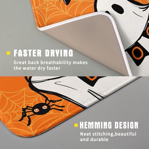 Orange Halloween Dish Drying Mat Spooky Boo Ghost Black Bats Dish Drainer Mats 16"x18" Spider Web Microfiber Reversible Dish Drying Rack Pad Protector for Kitchen Countertop Small Decor