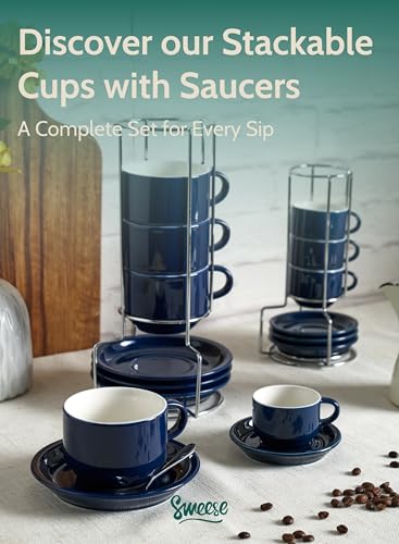 8 Ounce Porcelain Stackable Cappuccino Cups with Saucers and Metal Stand