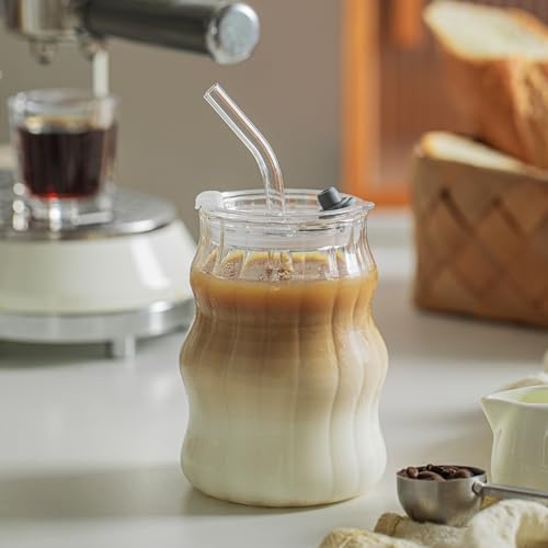 Ribbed Glass Cups with Lids and Straws
