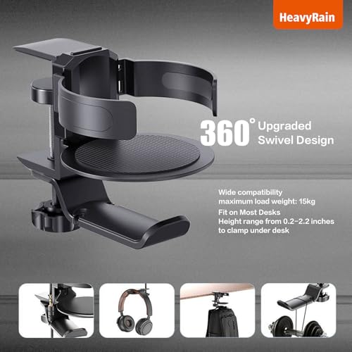 Aluminum Under Desk Cup Holder with Headphone Hook & Cable Clip