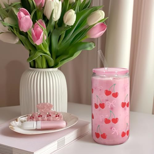 Cherry 16 Oz Can Glass Tumbler with Acrylic Lid and Straw