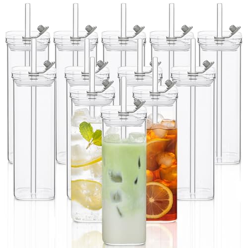 12 Sets Square Drinking Glass Cups with Lids & Straws