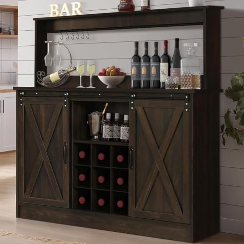 47" Coffee Bar Cabinet with Storage Hutch & Wine Rack