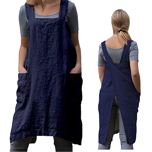 Pinafore Cross Back Apron for Women with Pockets
