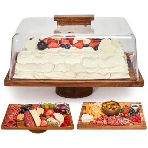 2-in-1 Acacia Wood Cake Stand with Acrylic Dome Cover
