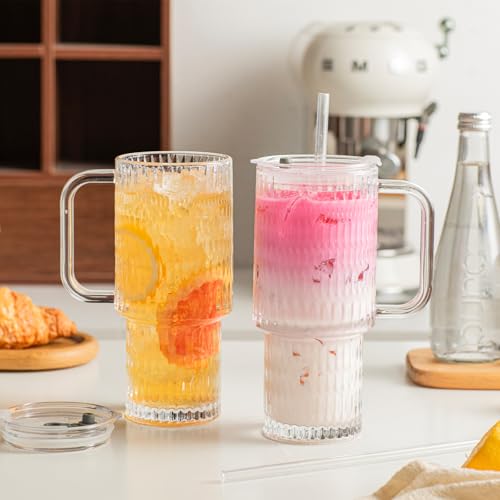 24 oz Raindrop Glass Tumbler with Handle and Lid