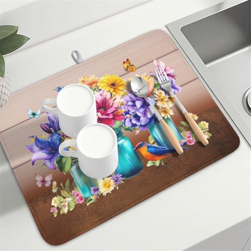 Spring Colorful Flowers Dish Drying Mat for Kitchen Counter