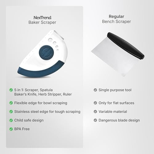 blue 5-in-1 flexible dough and bowl scraper with stainless-steel edge and integrated ruler
