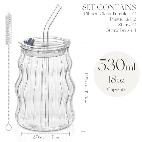 Ribbed Glass Cups with Lids and Straws