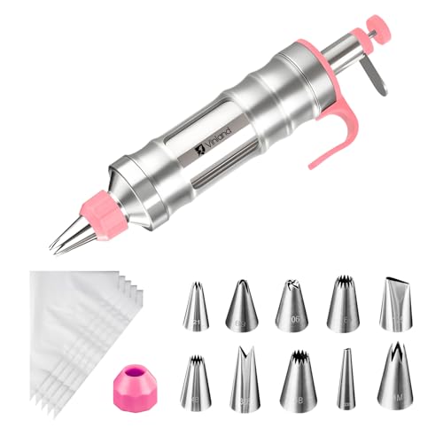 Dessert Decorating Syringe Set Icing Piping Kit Frosting Piping Kit Stainless Steels Cake Decorating Kit with 10 food grade stainless steel piping tips & 50 Disposable Piping Bags (63 Count)