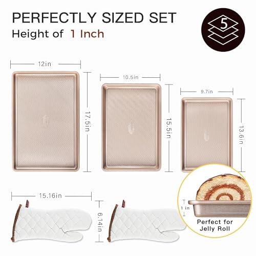 3 Pack Gold Nonstick Baking Sheet Pan Set with Oven Mitts Heat Resistant (5 Count)
