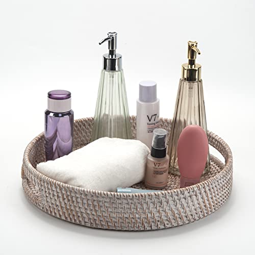 Coffee Table Tray Round Rattan Ottoman Tray Woven Serving Trays with Handles for Home and Kitchen Decorative White