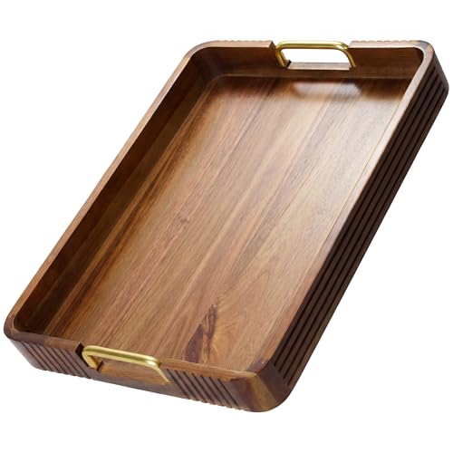 Acacia Wood Serving Tray with Gold Handles
