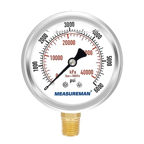 2-1/2" Dial Size, Glycerin Filled Pressure Gauge, 0-6000psi/kpa, 304 Stainless Steel Case, 1/4" NPT Lower Mount