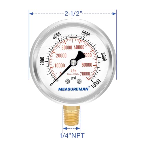 2-1/2" Dial Size, Glycerin Filled Pressure Gauge, 0-10000psi/kpa, 304 Stainless Steel Case, 1/4" NPT Lower Mount