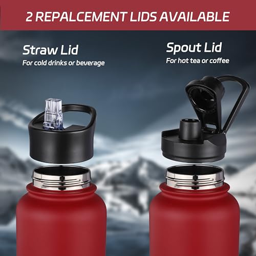 32 oz Insulated Water Bottle Stainless Steel Double Walled Vacuum Sports Water Bottle with 2 Lids
