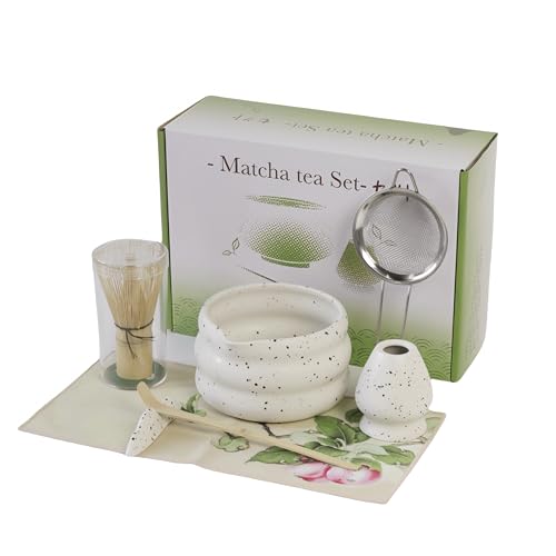 7 piece matcha kit includes matcha bowl. white speckled matcha tea set with bamboo whisk (7 Count)