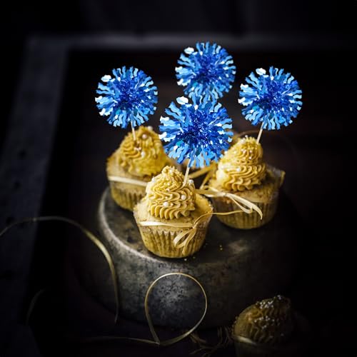 30Pcs Foil Firework Cupcake Toppers Blue Tinsel Flower Drink Stirrers Cocktail Food Fruit Cake Toppers for Valentine's Day Party Decorations Blue (30 Count)