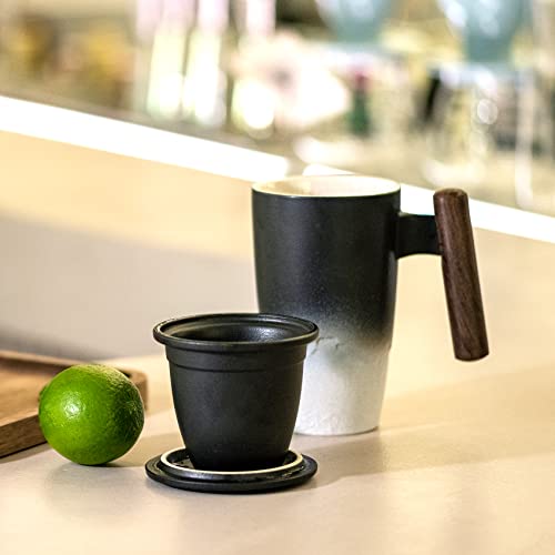 Tomotime Ceramic Tea Cup with Infuser and Lid Tea Mugs Wooden Handle 400ml