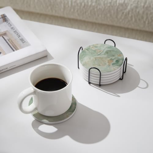 Set of 6 Sage Green Marble Coasters with Holder (6 Count)