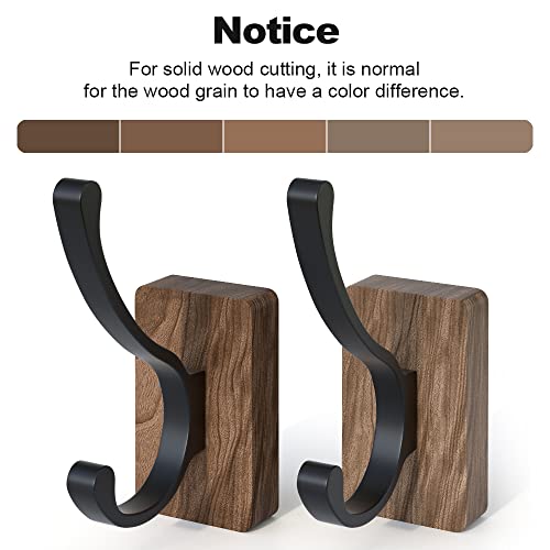 4 PCS Black Walnut Wood Wall Hooks Adhesive Mounted & Wall Mounted Rustic Decorative Entryway Hooks Mid Century Modern Natural Wooden Pegs for Hanging Coat Clothes Hat Bag Purse and Towel (4 Count)