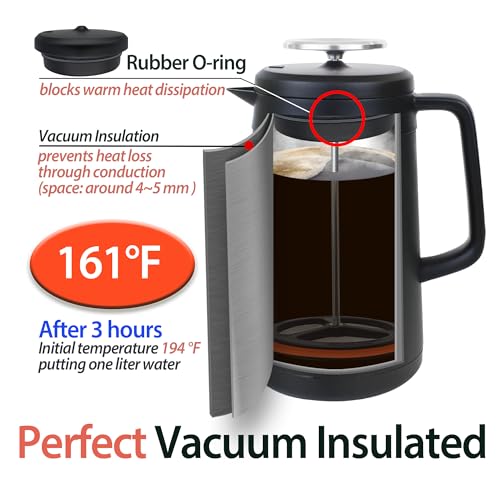 34oz Double Vacuum Insulation Large Silicone French Press Coffee Maker with Silicone Ring