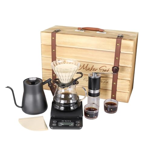 Pour Over Manual Coffee Maker Set 2 Cup Coffee Dripper with Wooden Suitcase Coffee Kettle Scale Bean Grinder All In 1 Traveling Camping Hiking