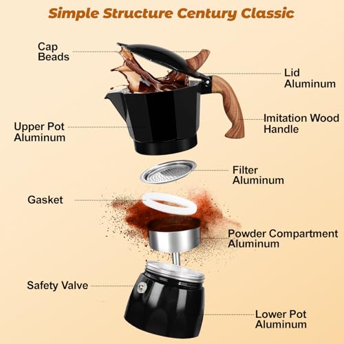 3 Cup Aluminum Moka Pot Classic Stovetop Espresso Coffee Maker 150ml 5oz Coffeemaker Percolator Mocha Pot Greca Coffee Maker Cafe Makers for Italian and Cuban Café Brewing Black