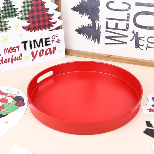 Round Red Decorative Serving Tray with Handles