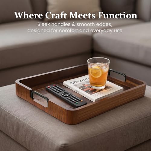 Acacia Wood Serving Tray with Metal Handle