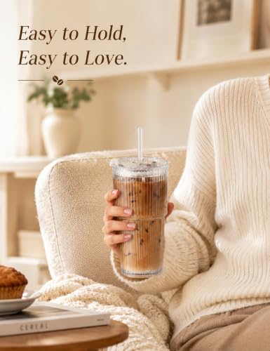 20 oz Ribbed Glass Tumblers with Lids and Straws (4 Count)
