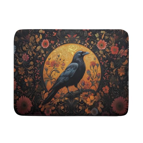 Vintage Crow Dish Drying Mat 18"x24" Gothic Black Raven Boho Flowers Dish Drainer Mats Rustic Halloween Farmhouse Reversible Large Dish Drying Pad Protector for Kitchen Countertop Decor