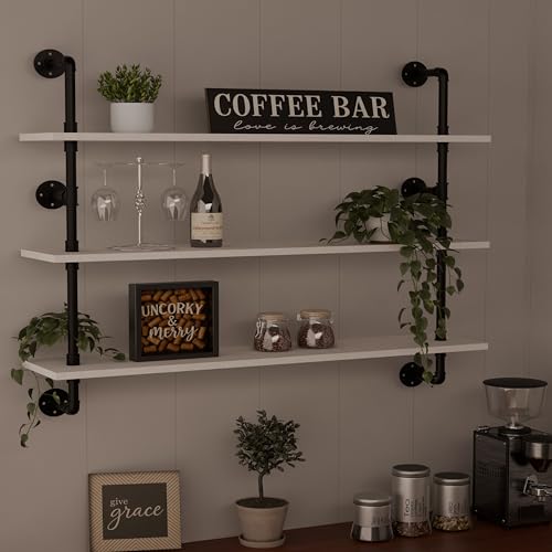 Industrial Pipe Shelving Rustic White Pipe Wall Shelves Industrial Shelves with Wood Planks Floating Shelves 48 Inch Farmhouse Bathroom (3 Count)