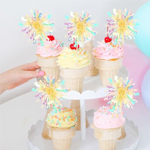 30 PCS Foil Firework Cupcake Toppers Sparkle Tinsel Cupcake Picks Happy Birthday Cake Decorations Drink Stirrers Cocktail Food Fruit Toothpicks for Baby Shower Graduation Party Supplies Yellow (30 Count)
