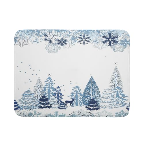 Winter Blue Snowflake Dish Drying Mat Christmas Tree Kitchen Counter Dish Drainer Mats Xmas Forest Deer Moose Dish Dry Pad Bottles Protector for Kitchen Countertop Coffee Bar