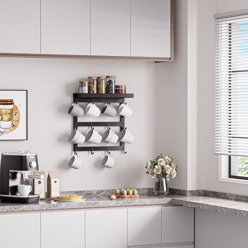 Coffee Mug Rack Wall Mounted with 12 Hooks and Shelf Cup Storage Holder
