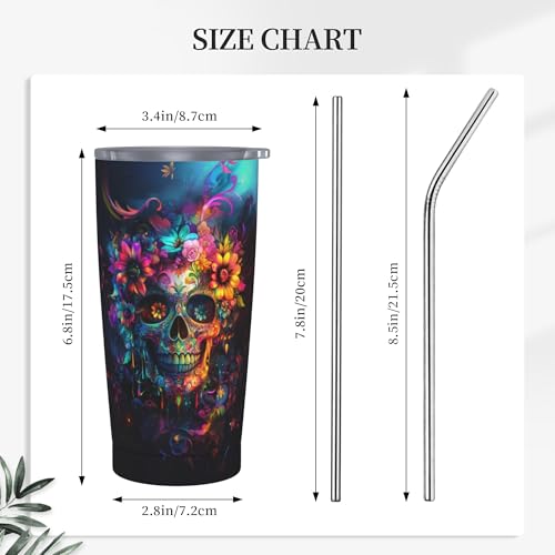 Skull Tumbler with Lid and Straw 20oz Coffee Tumblers Leakproof Stainless Steel Travel Mug Vacuum Insulated Cup for Iced and Hot (20 Count)